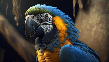 lovely and colorful blue and yellow macow parrot birds. Ai Generative photo