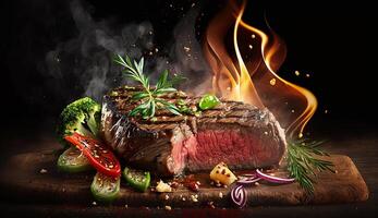 grilled beef fillet steaks with herbs and spices on dark background. Ai Generative photo