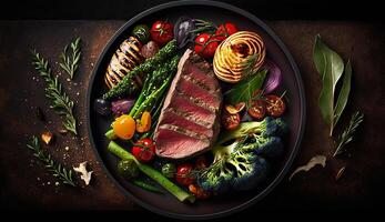 grilled beef fillet steaks with herbs and spices on dark background. Ai Generative photo