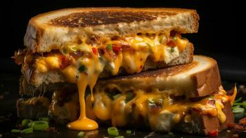 Delicious toasted bread with pimento cheese on table, closeup photo