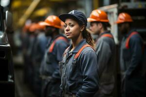 retrato de un hembra trabajador en pie en frente de un grupo de trabajadores foto