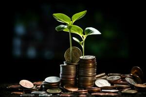 Plant growing from pile of coins. Investment and saving concept. photo