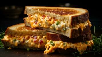 Delicious toasted bread with pimento cheese on table, closeup photo