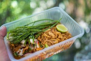 Hand holding oysters in spicy salad in box. photo