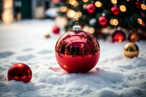 rojo Navidad pelota ornamento en el nieve con Navidad árbol y luces foto