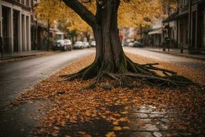 antiguo árbol con roto ramas en otoño en un calle con algunos agua en el suelo foto