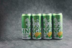 Samut Prakan, Thailand - August 31, 2023 A can of SINGHA UME LEMON SODA no sugar, 0 kcal. The brand is SINGHA. photo