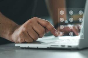 Person using access to log in web account. Enter login and password. Cyber protection. Information privacy. Internet and technology concept. photo