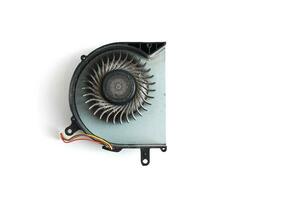 Dirty dust on laptop computer cooling fan on white background. Air vent fan for heatsink cooling system for cpu. Fixing overheating. Professional tech and electronics service fix repair maintenance photo