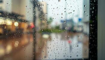 Rain drop on window glass of coffee shop and blurry city life background photo