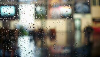 lluvia soltar en ventana vaso de café tienda y borroso ciudad vida antecedentes foto