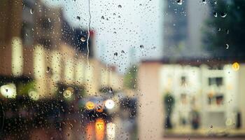 Rain drop on window glass of coffee shop and blurry city life background photo