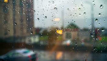 Rain drop on window glass of coffee shop and blurry city life background photo