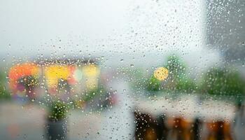 lluvia soltar en ventana vaso de café tienda y borroso ciudad vida antecedentes foto