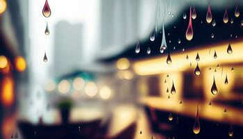 lluvia soltar en ventana vaso de café tienda y borroso ciudad vida antecedentes foto