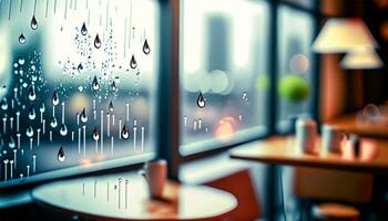 Rain drop on window glass of coffee shop and blurry city life background photo