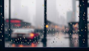 Rain drop on window glass of coffee shop and blurry city life background photo