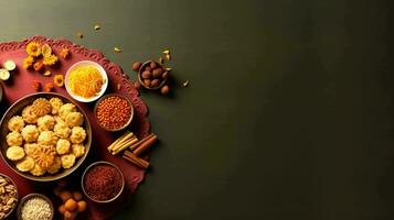 Minimalist Diwali Feast. A tasteful flat lay of festive foods and snacks for a happy celebration photo