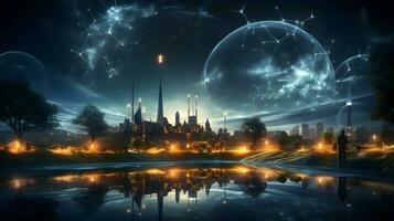un extraterrestre ciudad con un Luna y planetas en el cielo foto