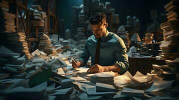 un hombre es escritura en un pedazo de papel en un habitación lleno de documentos. ai generado foto