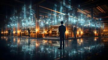 a man standing in front of a building with glowing lights. photo