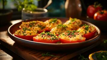 Tomates relleno con pimiento morrón queso, perejil y hierbas foto