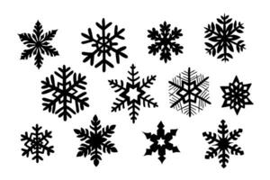 Winter hand drawn silhouette set of snowflakes for Christmas decoration. Sketch outline design for Christmas decoration, stickers, pattern. Black contour elements on white background vector