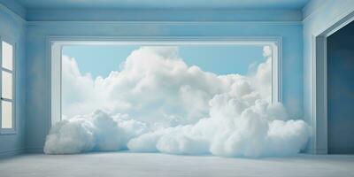 generativo ai, blanco azul fantástico 3d nubes en el habitación interior, cielo y paisaje. amable colores y con brillante luces.. foto