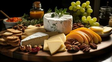 Cheese platter with grapes, nuts, honey and crackers photo