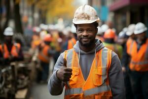 Portrait of african american worker showing thumbs up on construction site photo