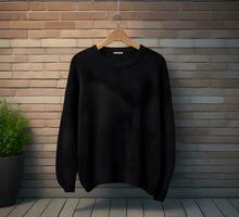 Black sweater mockup with brick background ai generate photo