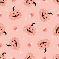 Pink pumpkin with flowers and candy corn. Halloween seamless pattern for wrapping paper, fabrics and kids clothes vector