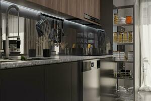 Modern Culinary Oasis Organized Utensils, Wooden Cupboard, and Fridge in Kitchen 3D rendering photo