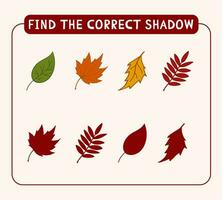 Find correct shadows autumn leaves doodle style. Vector Leaves of aspen, birch, maple, rowan.