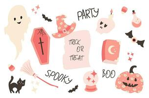 Halloween pink elements set. Cute decor of magical elements in a simple naive style vector