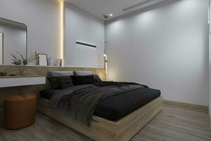 de madera cama con negro tartán, almohadas, blanco pared pintar, y madera dura piso en el dormitorio, 3d representación foto