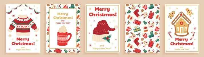 conjunto de Navidad fiesta carteles con linda dibujos de el Navidad símbolos, decorativo medias, cacao taza, pan de jengibre casa y caramelo bastones vector huellas dactilares, postales, pancartas