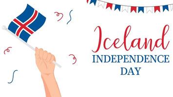 Iceland Independence Day banner with hand holding flag. vector