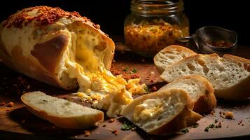 Pimento cheese with bread on a wooden board. Dark background. photo