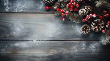 Christmas background with pine cones and snow on wooden table. Copy space. photo