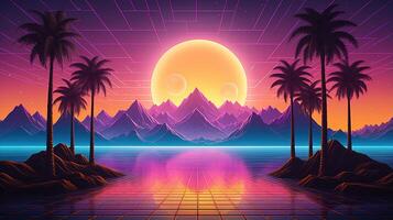 Generative AI, 80s retro futuristic sci-fi., nostalgic 90s. Night and sunset neon colors, cyberpunk vintage illustration. Sun, mountains and palms. Retrowave VJ videogame landscape.. photo