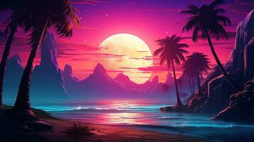 Generative AI, 80s retro futuristic sci-fi., nostalgic 90s. Night and sunset neon colors, cyberpunk vintage illustration. Sun, mountains and palms. Retrowave VJ videogame landscape.. photo