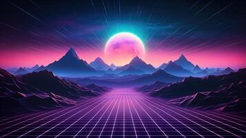 generativo ai, Años 80 retro futurista ciencia ficción., nostálgico años 90 noche y puesta de sol neón colores, cyberpunk Clásico ilustración. sol, montañas y palmas retrowave vj videojuego paisaje.. foto