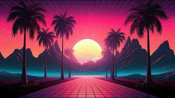Generative AI, 80s retro futuristic sci-fi., nostalgic 90s. Night and sunset neon colors, cyberpunk vintage illustration. Sun, mountains and palms. Retrowave VJ videogame landscape.. photo