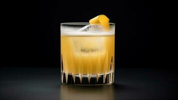 Photo of a Whiskey Sour isolated on flat black background. Generative AI