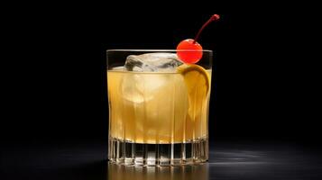 Photo of a Whiskey Sour isolated on flat black background. Generative AI