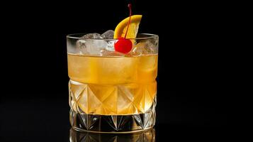 Photo of a Whiskey Sour isolated on flat black background. Generative AI