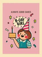 Happy birthday card with cartoon girl holding a piece of cake illustration on pink background. Sticker style greeting card in retro style. Cute postcard for child or design for your brand. vector