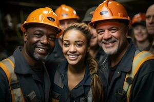 retrato de contento industrial trabajadores en pie en frente de un construcción sitio foto