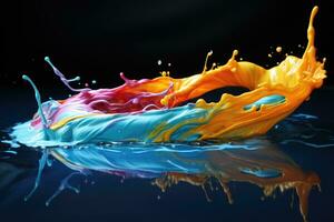 Colorful paint splashes isolated on dark background photo